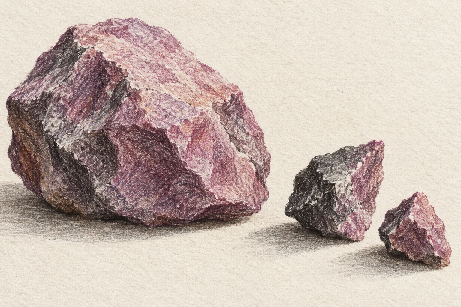 Dibujo de una piedra grande y fragmentos separados; metáfora de una división de valor, sin tamaños proporcionales ni datos de una transacción real.