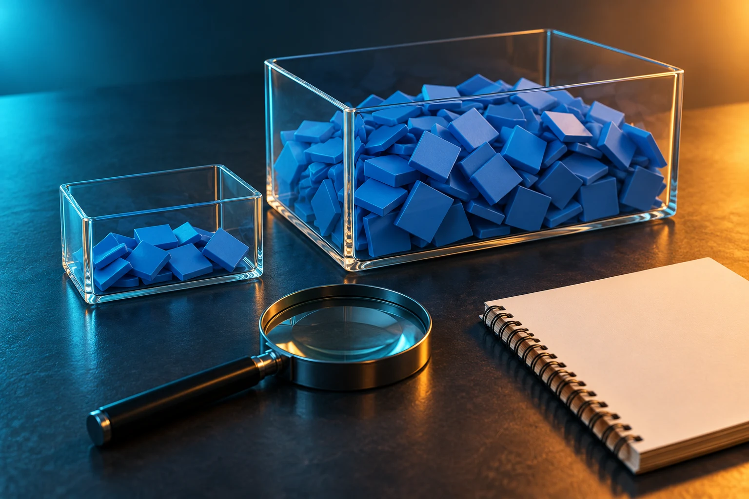 Dos recipientes transparentes con piezas geométricas azules de distintos tamaños; metáfora de datos, no cifras de la red.