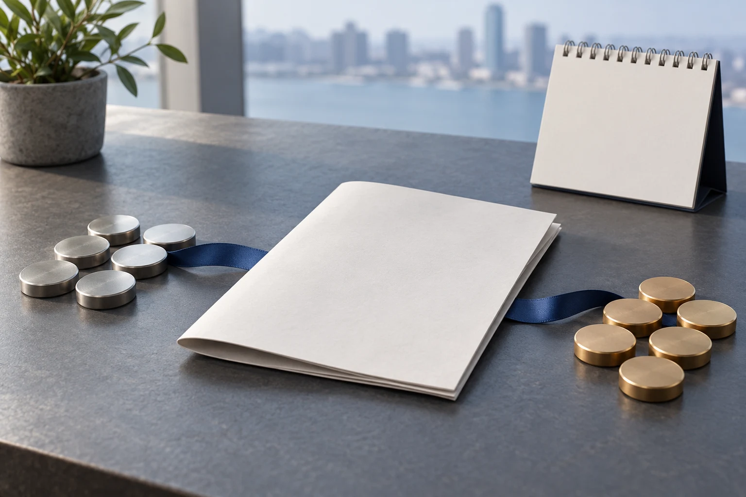 Documento y calendario vacíos junto a fichas metálicas; no representa un contrato real ni una cotización.