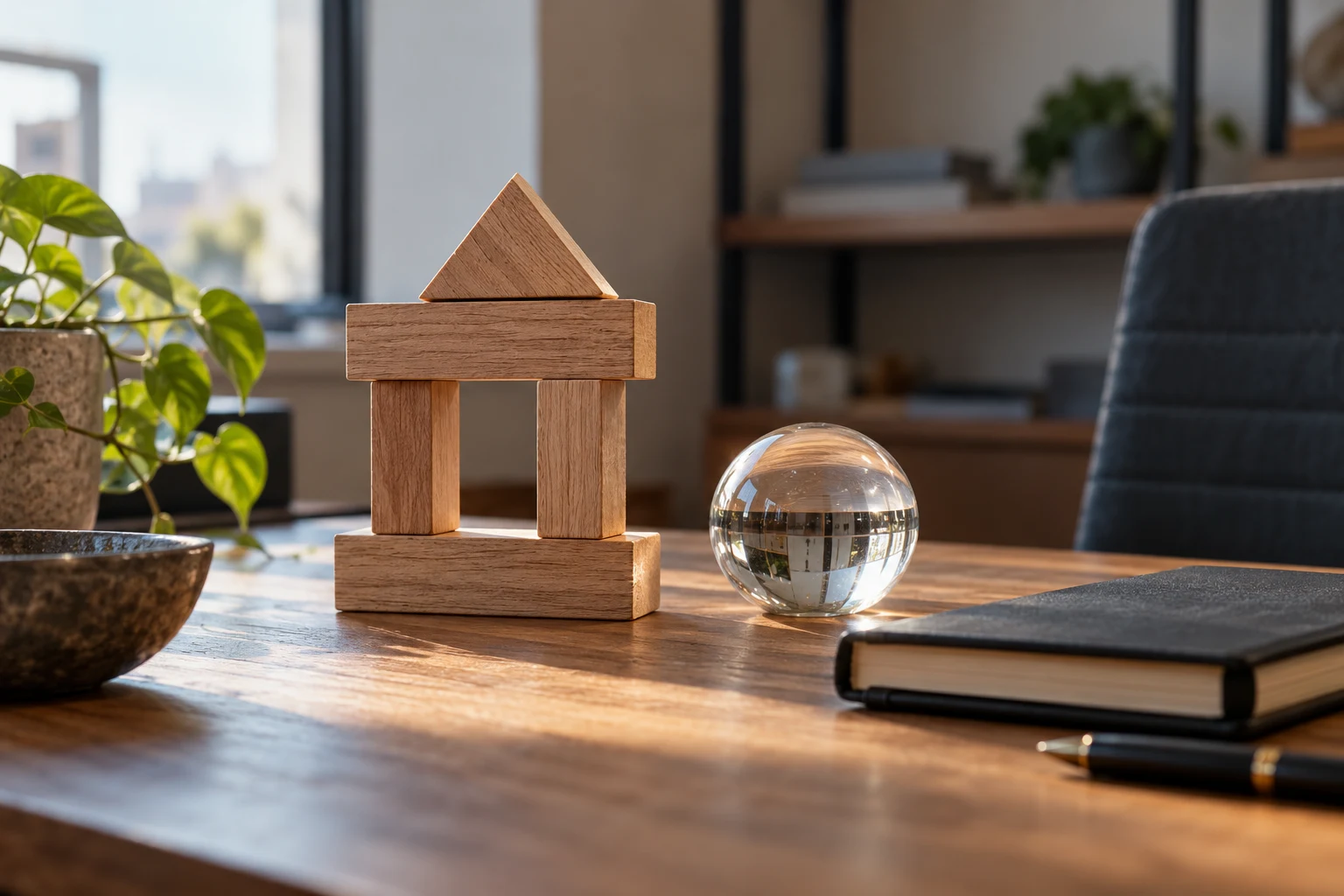 Bloques de madera en equilibrio, esfera transparente y cuaderno cerrado como concepto de estabilidad.