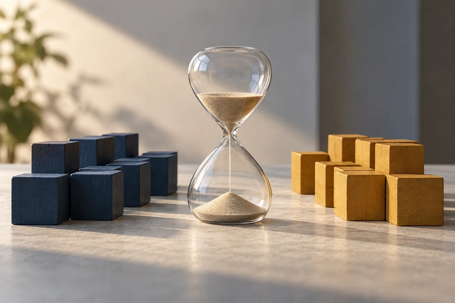 Reloj de arena entre bloques azules y ocres, ilustración conceptual sin cotizaciones ni datos reales.