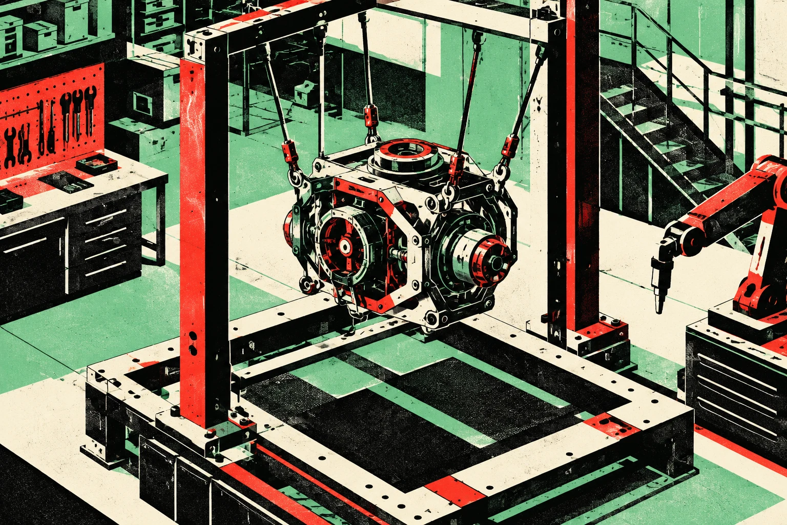 Ilustración IA de un prototipo imaginario en un soporte de pruebas; no muestra software, un nodo ni resultados medidos.