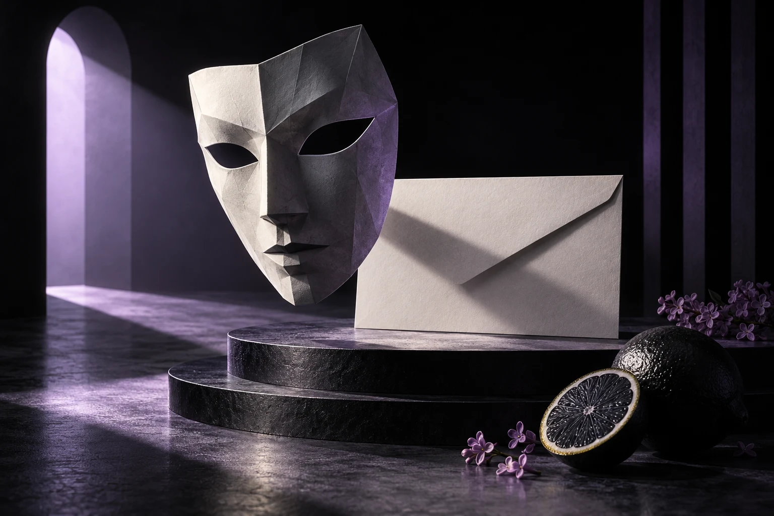 Máscara de papel y sobre en un teatro conceptual; ilustración IA sin correo, firma o sello oficial reales.