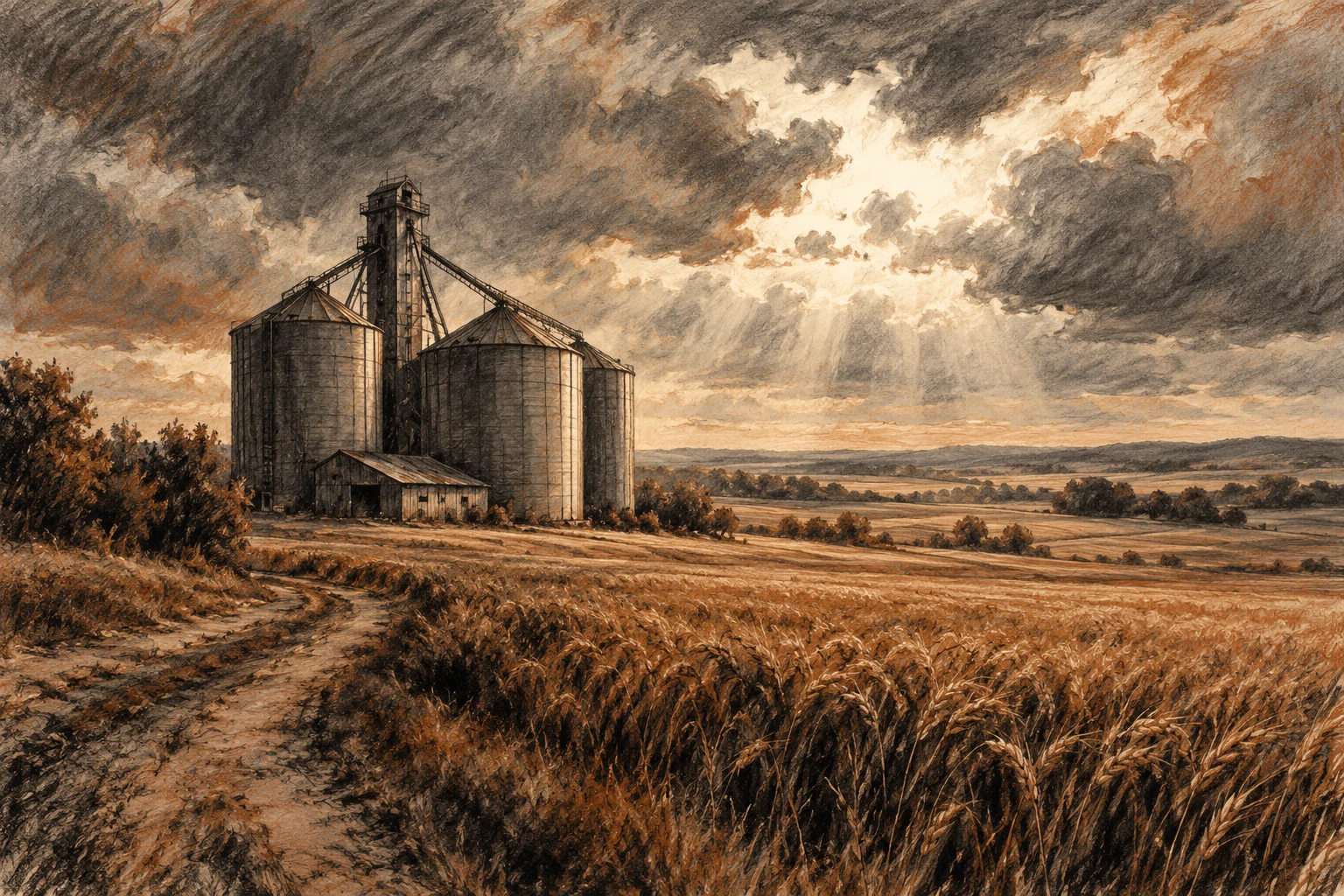 Silos y campos inventados dibujados al carboncillo, contexto de almacenamiento sin inventarios medidos.