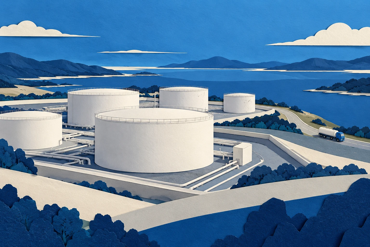 Ilustración IA de una cadena petrolífera imaginaria en papel; no muestra una refinería real ni volúmenes, emisiones o datos medidos.