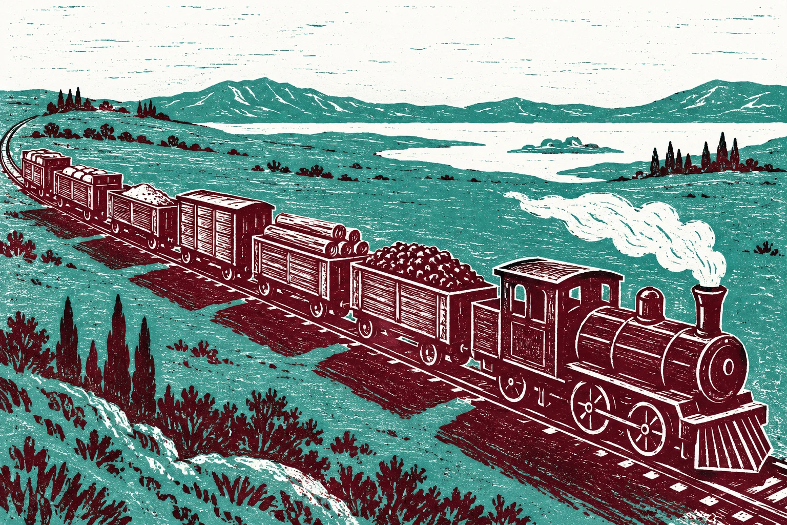 Tren imaginario de vagones sin numerar; linograbado IA como metáfora de secuencia.