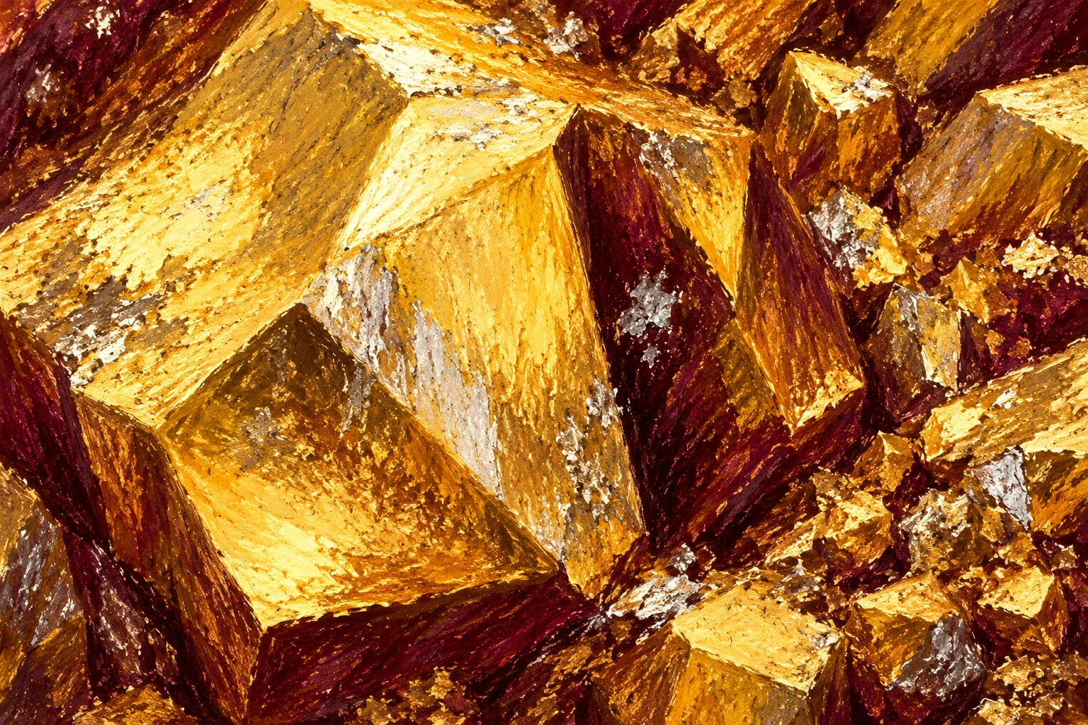 Facetas minerales imaginarias en pastel; ilustración IA sin lingote certificado, precio o escala de peso.