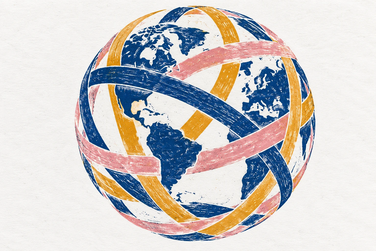 Esfera abstracta con bandas entrelazadas en un grabado de colores; metáfora IA de reservas internacionales, sin moneda DEG, pesos de divisas ni mapa exacto.