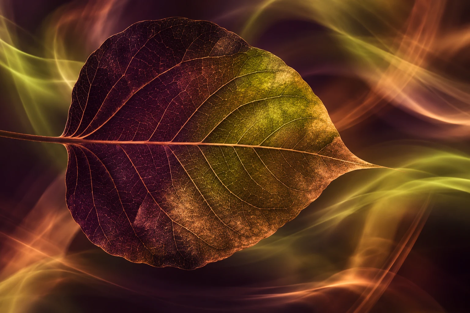 Hoja inmóvil y trazos de luz en un fotograma botánico conceptual IA; no representa una cartera o sus cambios.