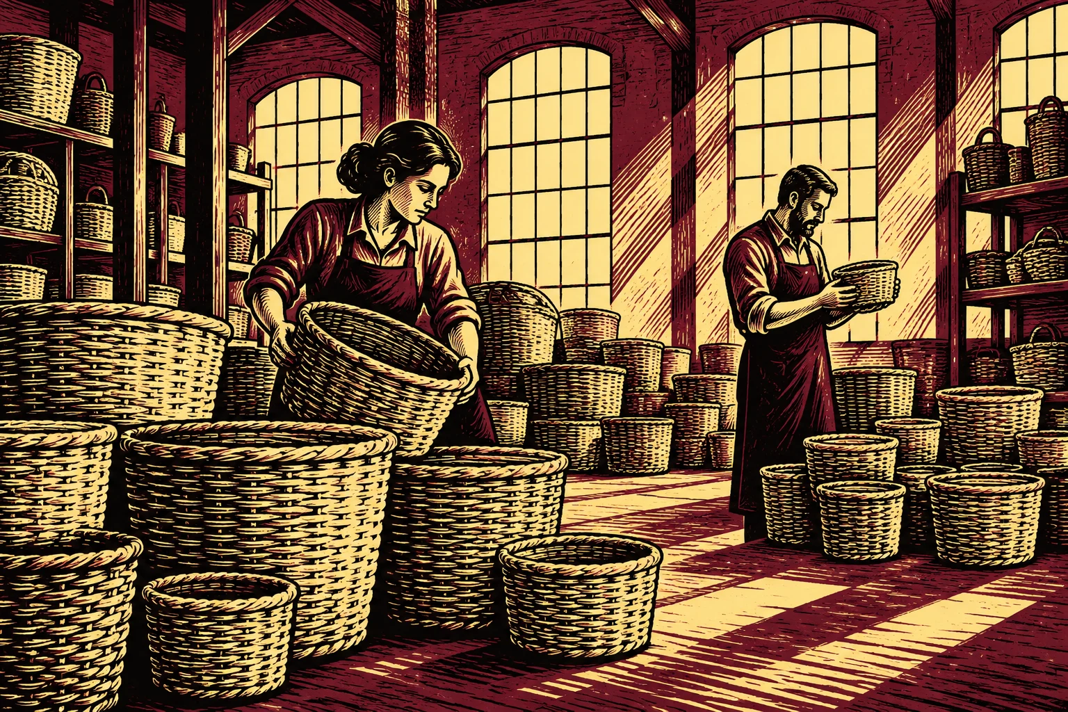 Ilustración IA de personas ficticias organizando cestas sin marcas en un almacén inventado; no representa reservas, bancos centrales ni cantidades medidas.