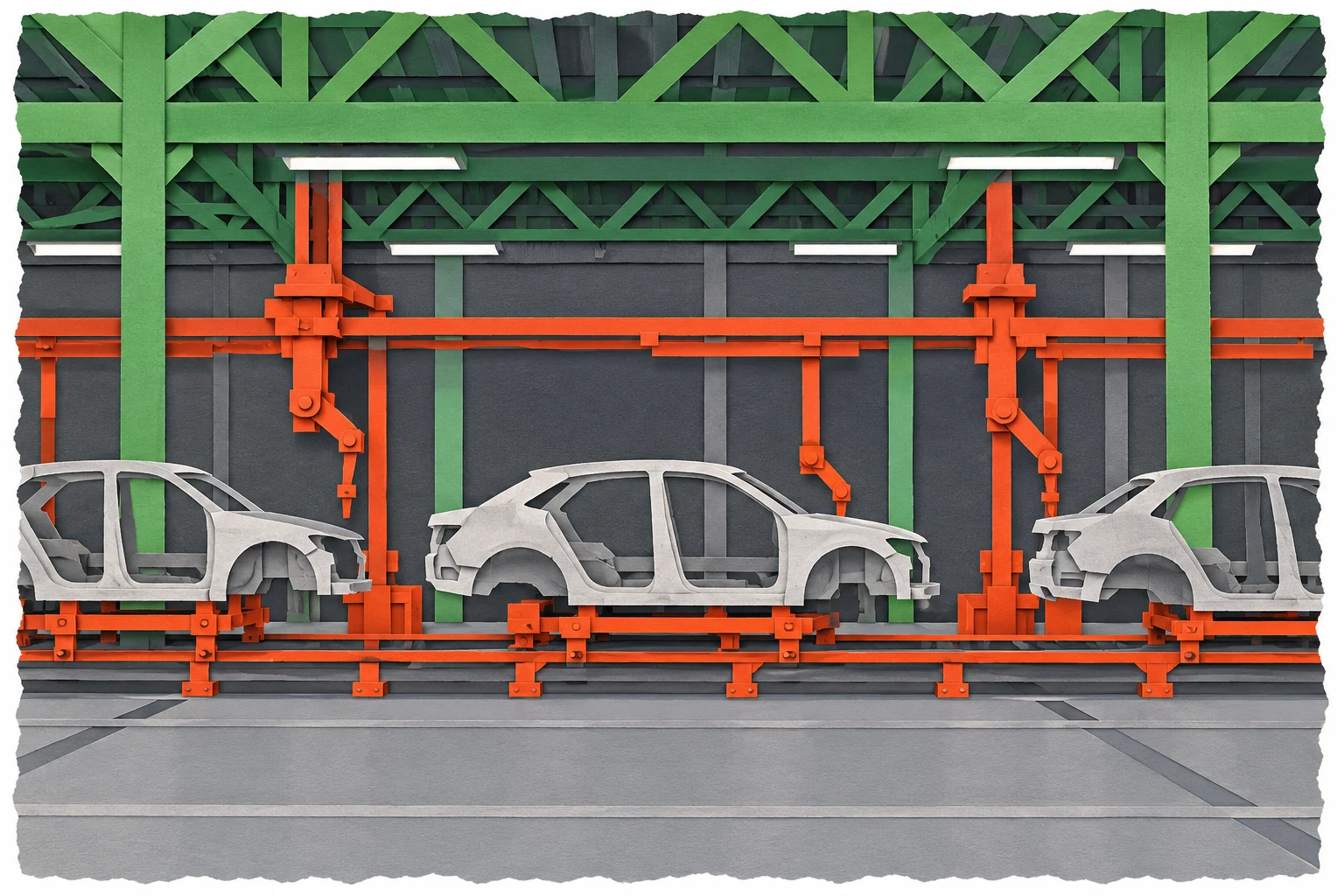 Ilustración IA de una línea de montaje de automóviles inventada en papel recortado; no representa una fábrica de GM, un modelo real ni producción observada.