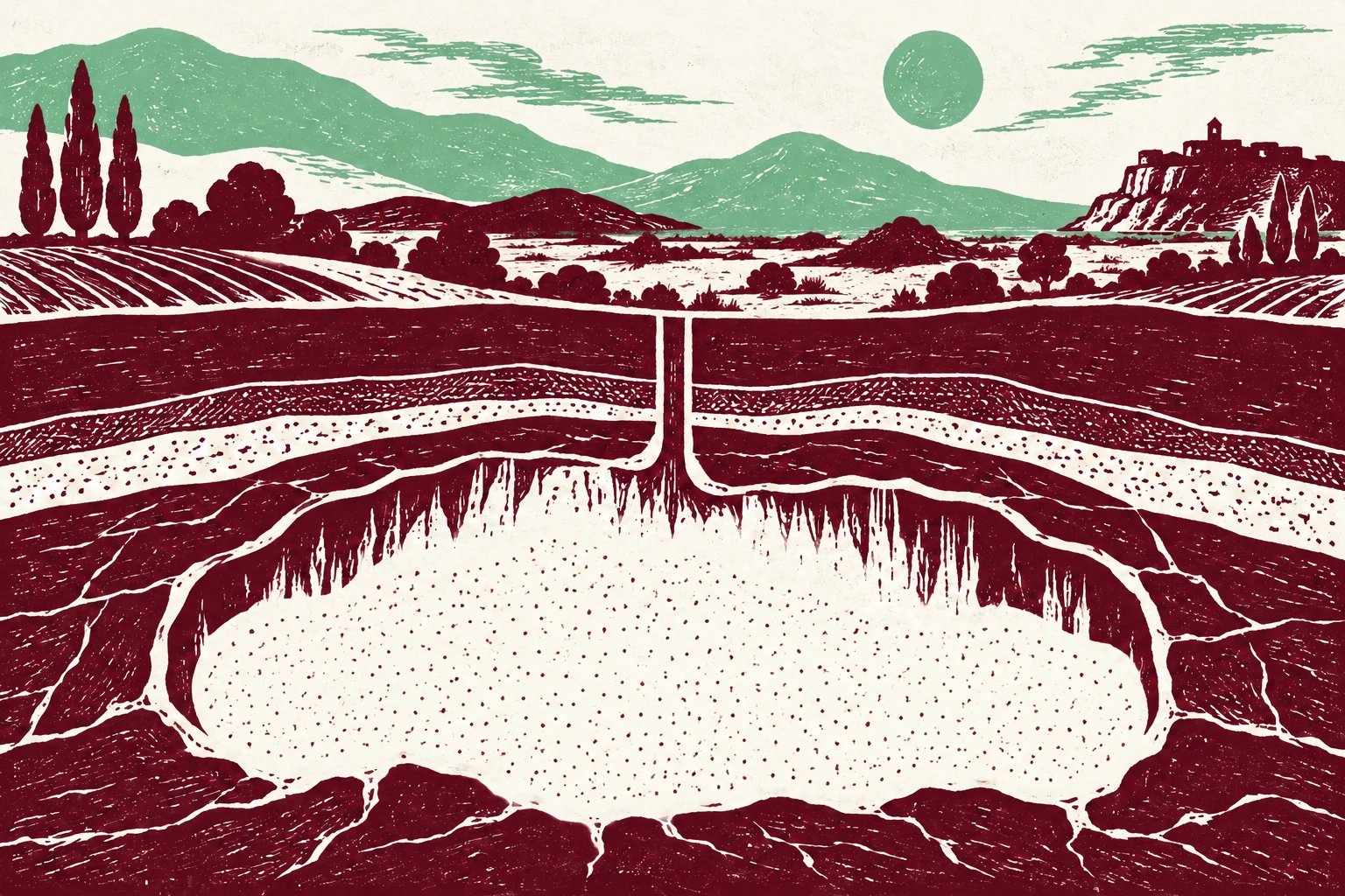 Ilustración IA de un paisaje y una cavidad subterránea imaginarios, sin escala; no representa una instalación ni existencias medidas.
