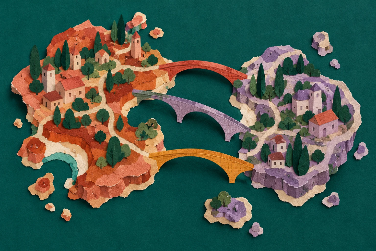 Ilustración IA de dos islas imaginarias vistas desde arriba, con puentes de colores; no representa redes reales, rutas de fondos ni datos de una cadena.