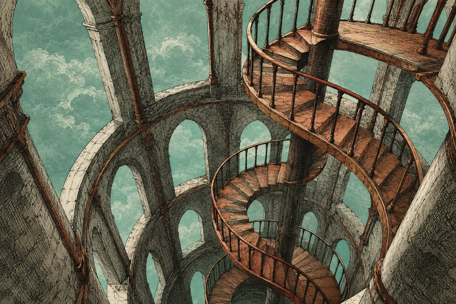 Escalera de caracol imaginaria grabada; ilustración IA sin representar un conteo de bloques.