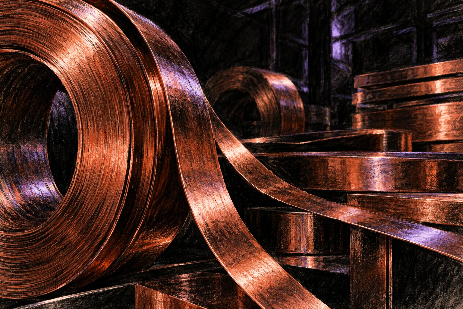 Tiras y curvas de metal cobrizo inventadas a carbón; ilustración IA sin lote pesado ni cobre certificado.