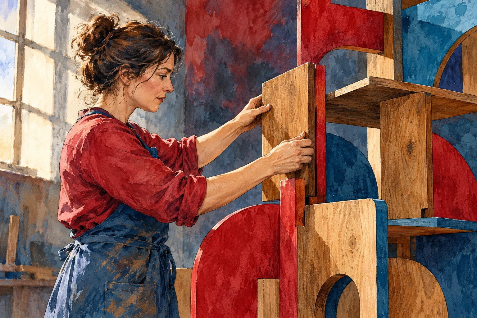 Artesana ficticia añadiendo un panel a una estructura abstracta; ilustración IA sin actividad, empleados o proyecto real de Nyesa.