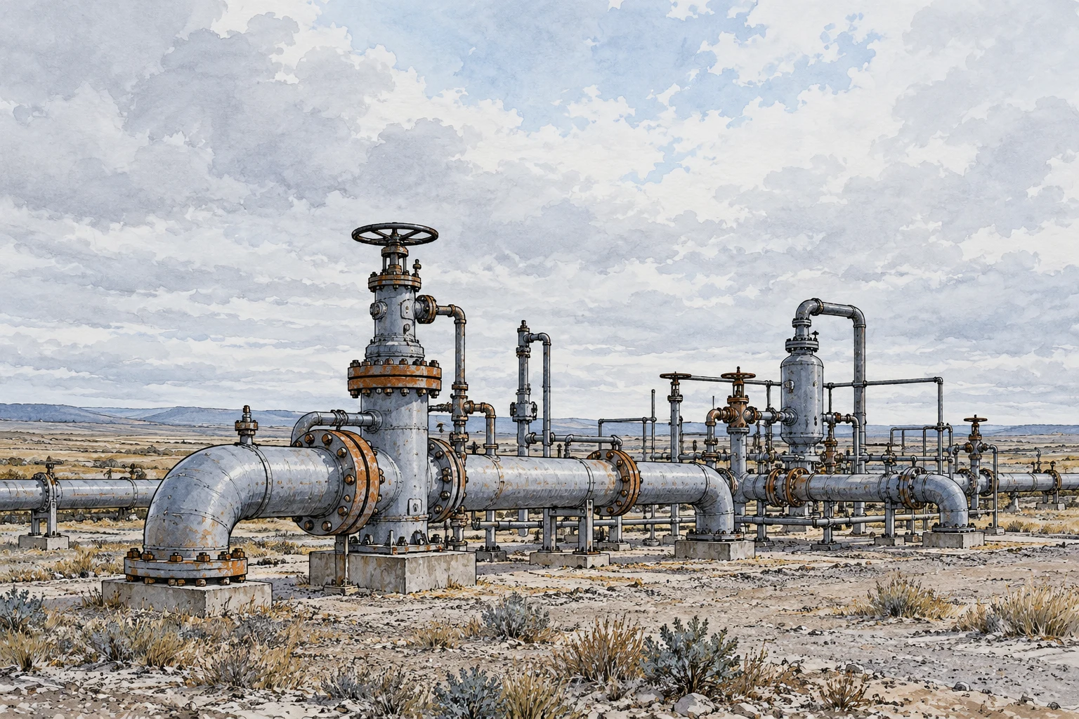 Instalación de gas completamente inventada dibujada a tinta y aguada; ilustración IA sin planta real, volumen medido ni mapa.