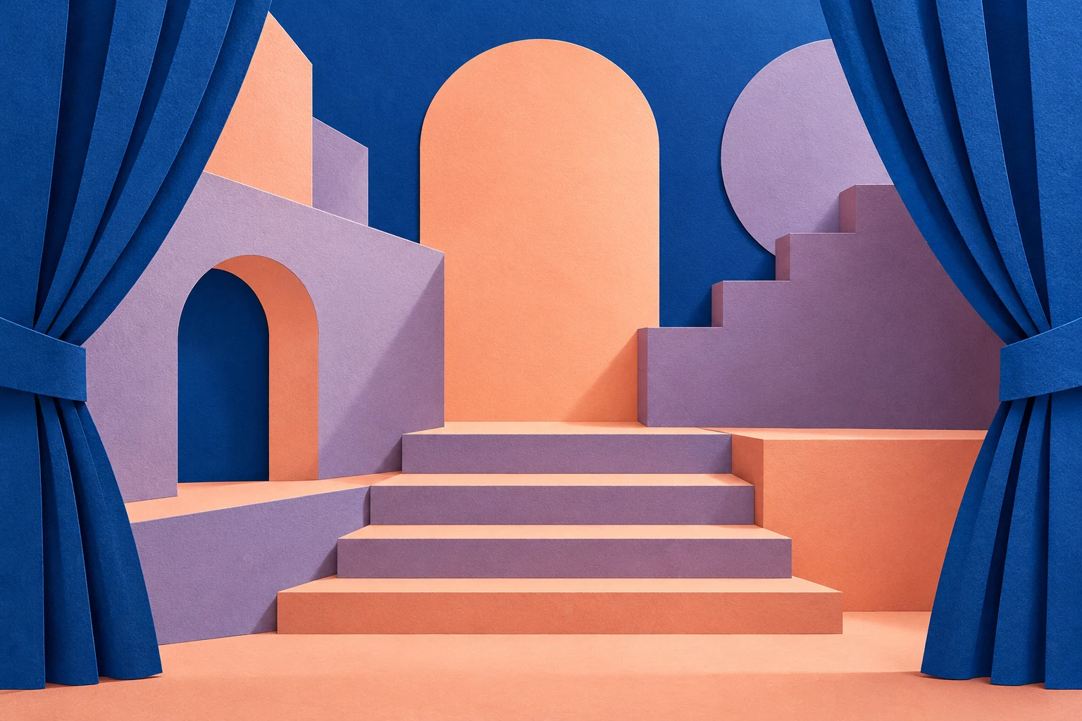 Escenario geométrico de papel con cortinas azules, melocotón y malva; ilustración IA sin sede real.