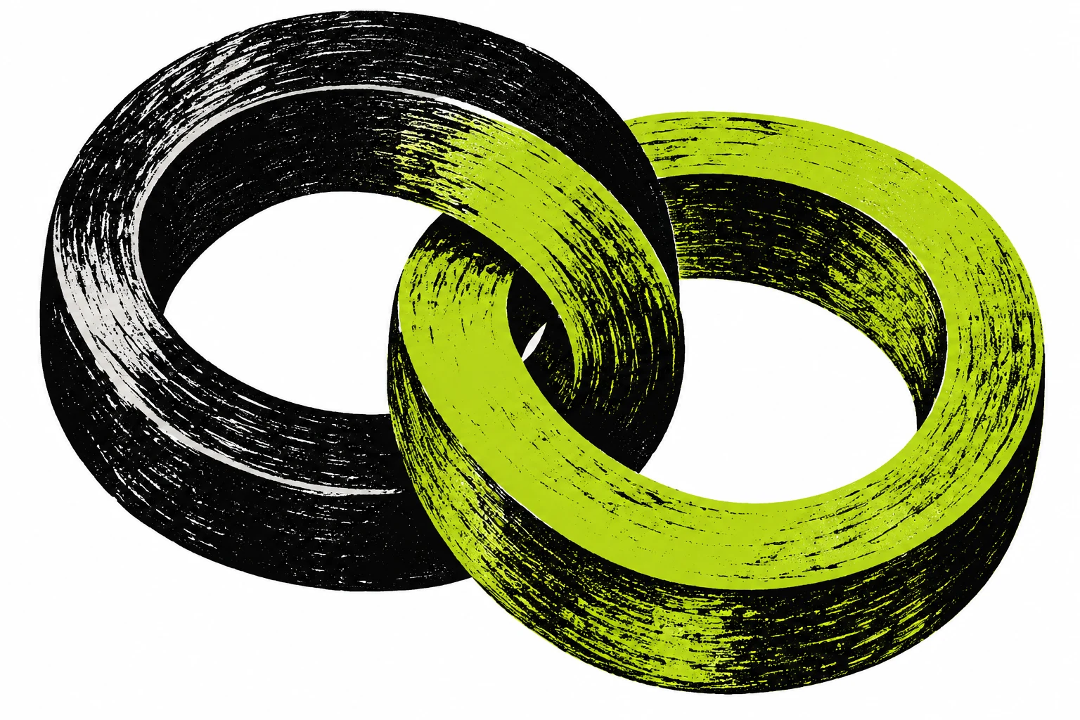 Dos anillos entrelazados en xilografía abstracta negra y lima generada con IA; sin proporciones, monedas o cuotas de mercado representadas.
