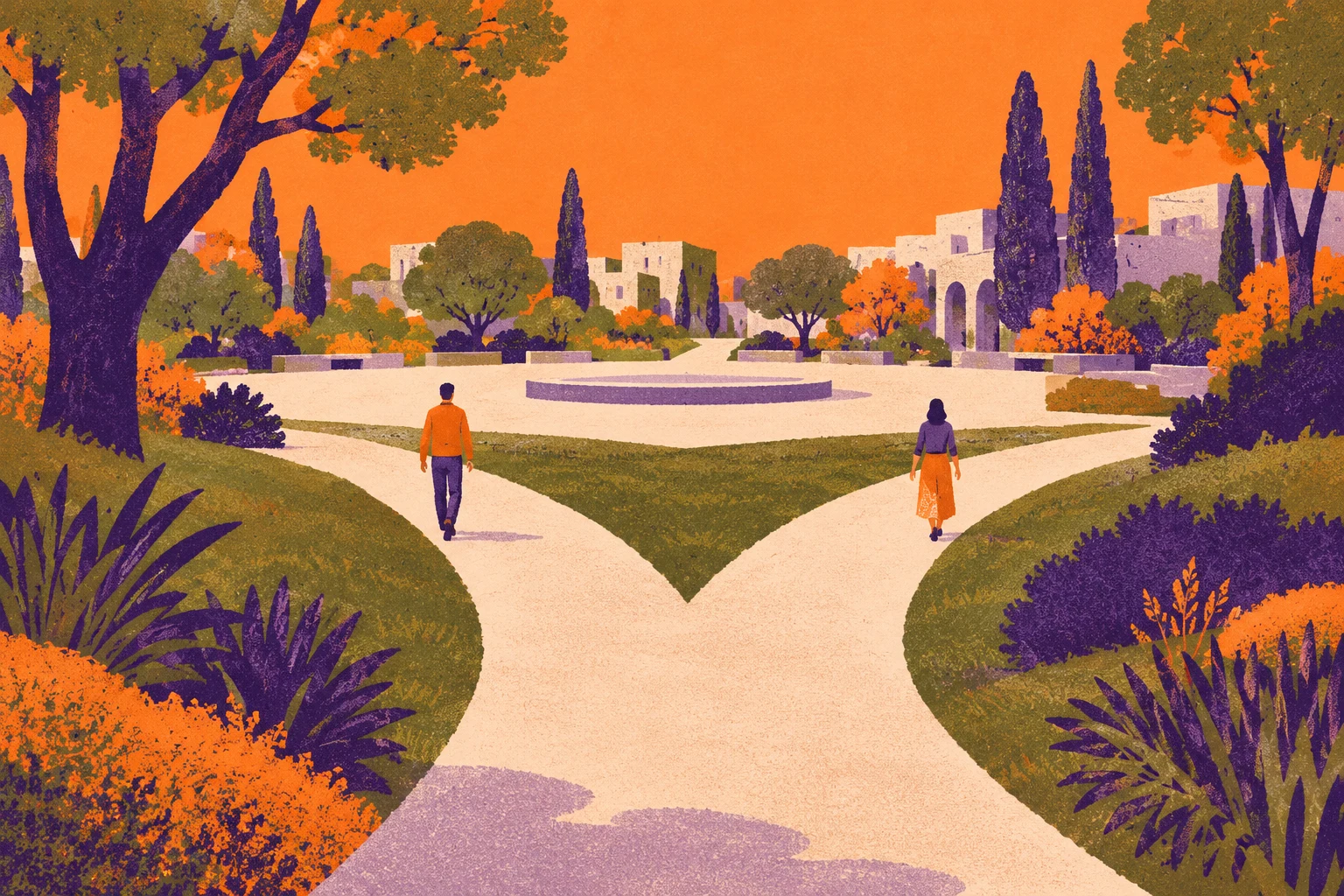 Dos caminos peatonales ficticios hacia una plaza en risografía naranja, violeta y oliva generada con IA; sin bolsa real, precios o resultado de inversión.