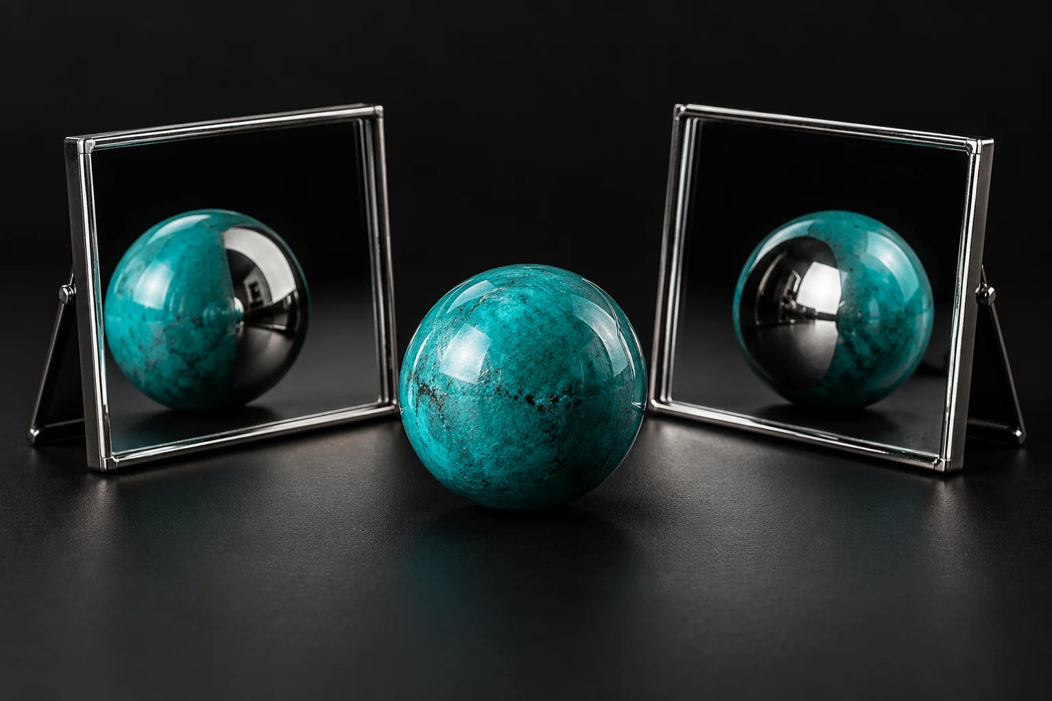 Una esfera turquesa inventada reflejada en dos espejos, fotografía ilustrativa IA sin aplicación, cuenta o saldo real.