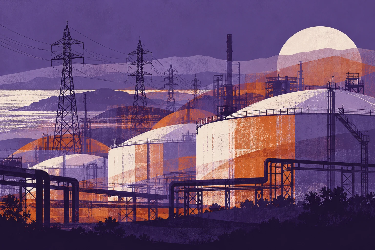 Ilustración IA conceptual: infraestructura energética imaginaria superpuesta. Escena inventada; no documenta personas, sedes, datos o resultados reales.