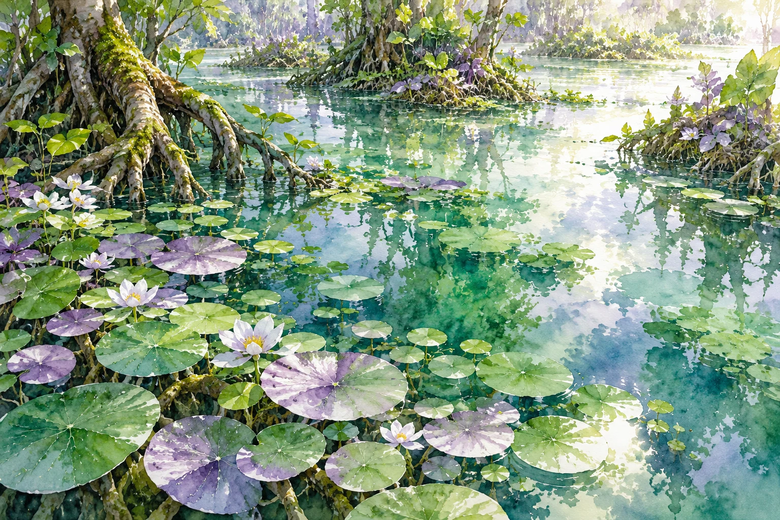 Ilustración IA conceptual: hojas y raíces de humedal inventado. Escena inventada; no documenta hechos, datos, productos probados ni obras o sedes reales.
