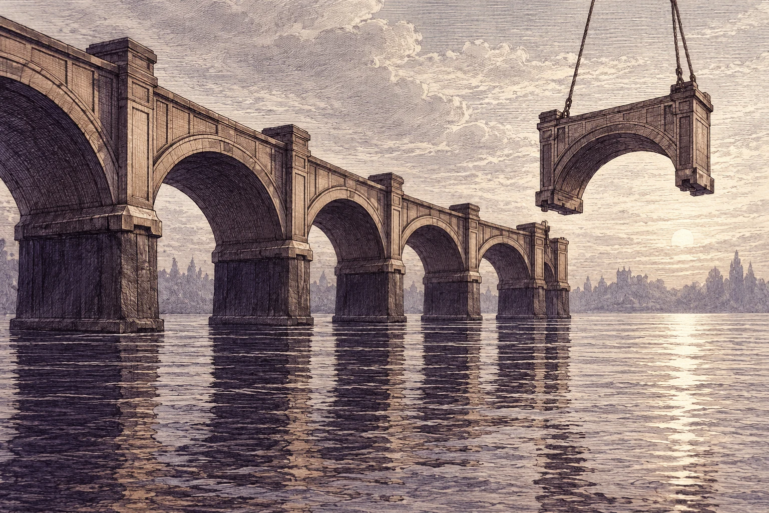 Ilustración IA: muelle ficticio con prolongación de módulos. Escena imaginaria; no documenta personas, instalaciones ni resultados reales.