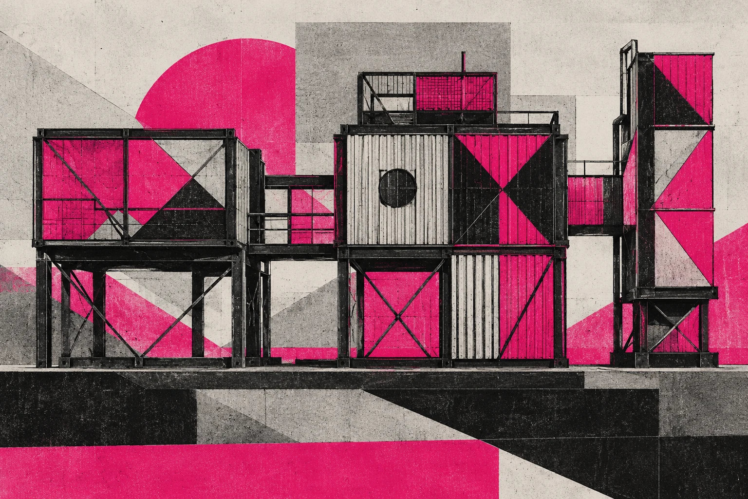 Ilustración IA: módulos industriales abstractos sin maquinaria real ni gráfico contable. Composición imaginaria, no documenta personas, datos, pruebas o hechos reales.