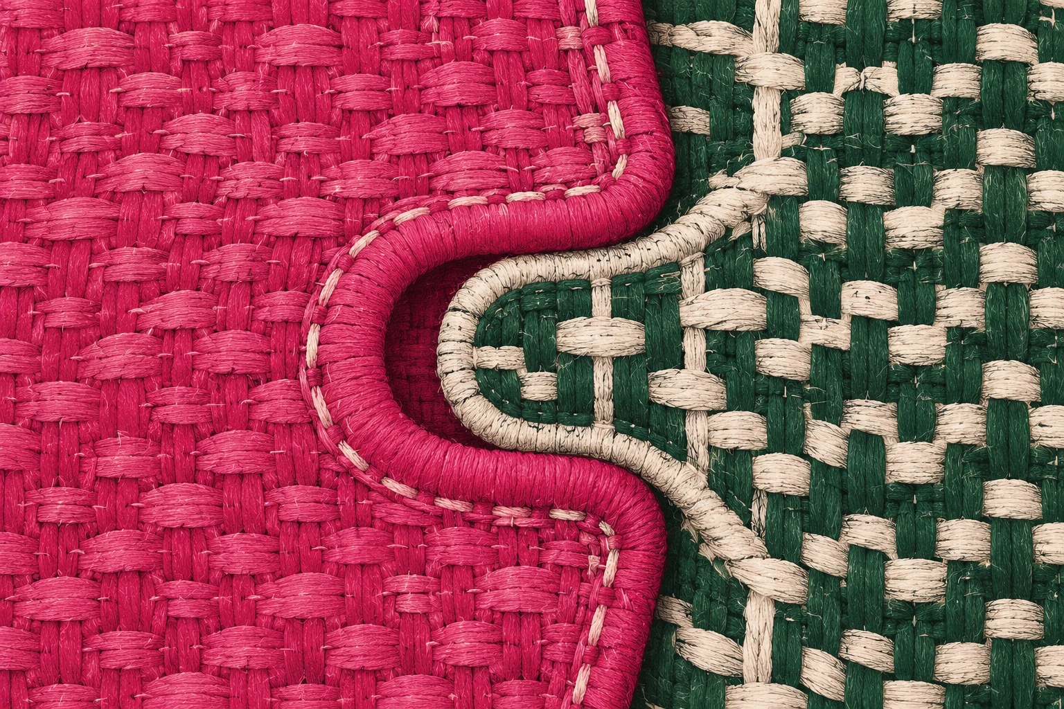 Ilustración IA: dos superficies textiles imaginarias encajan mediante un ojal abierto, sin token ni marca. Composición imaginaria, no documenta personas, datos, pruebas o hechos reales.
