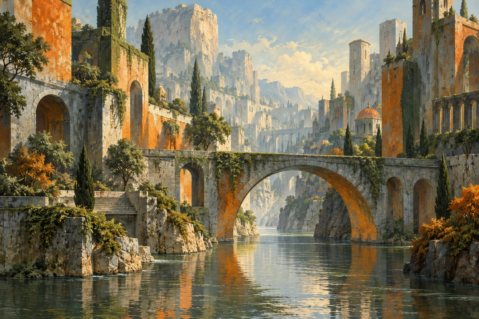 Ilustración IA: puente de piedra ficticio sobre agua y fachadas abstractas, sin sede bancaria ni símbolos monetarios. Composición imaginaria, no documenta personas, datos, pruebas o hechos reales.