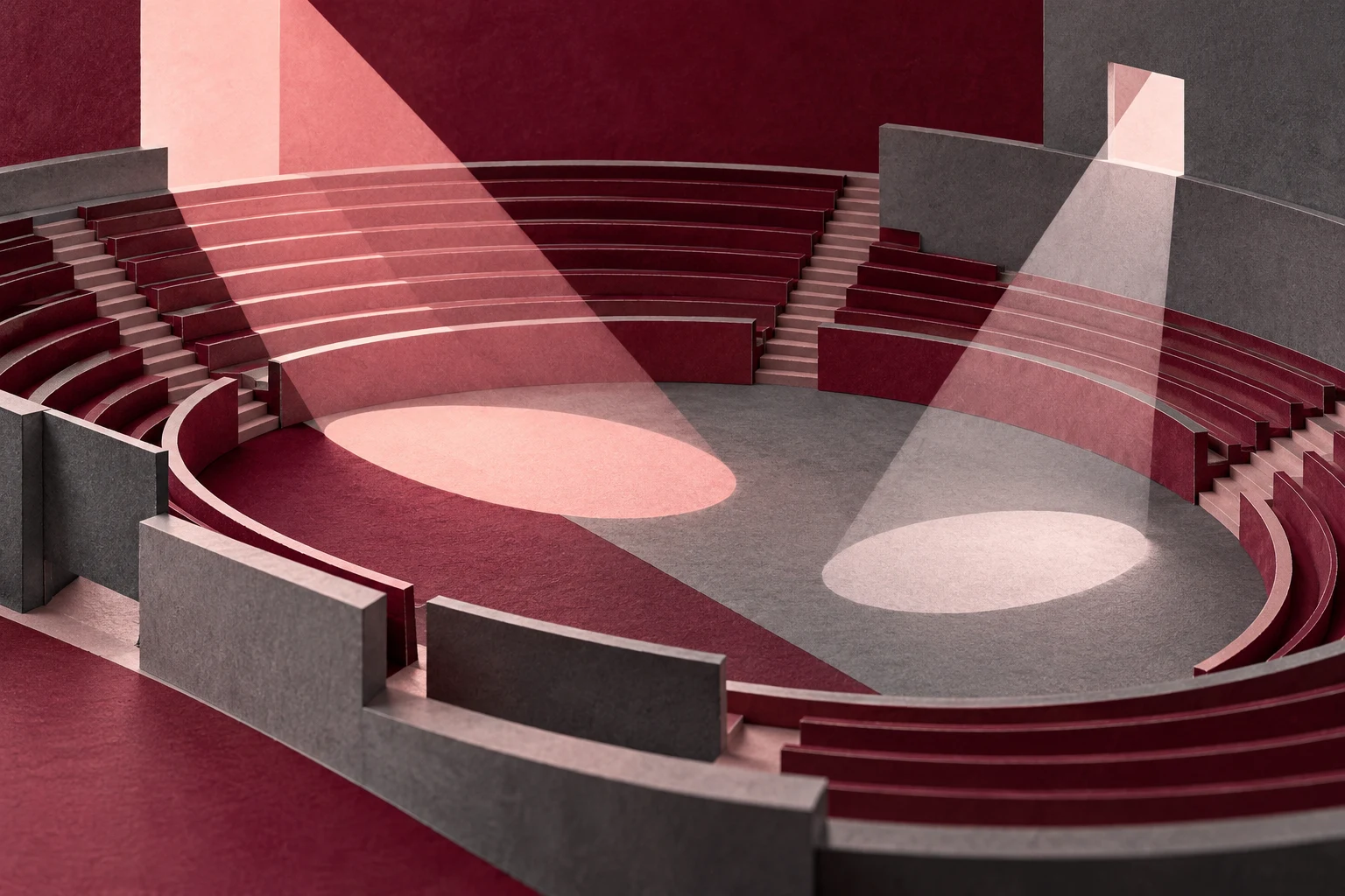 Ilustración IA: maqueta de gradas y dos espacios de luz separados, sin sede real ni pantallas de datos. Composición imaginaria, no documenta personas, datos, pruebas o hechos reales.