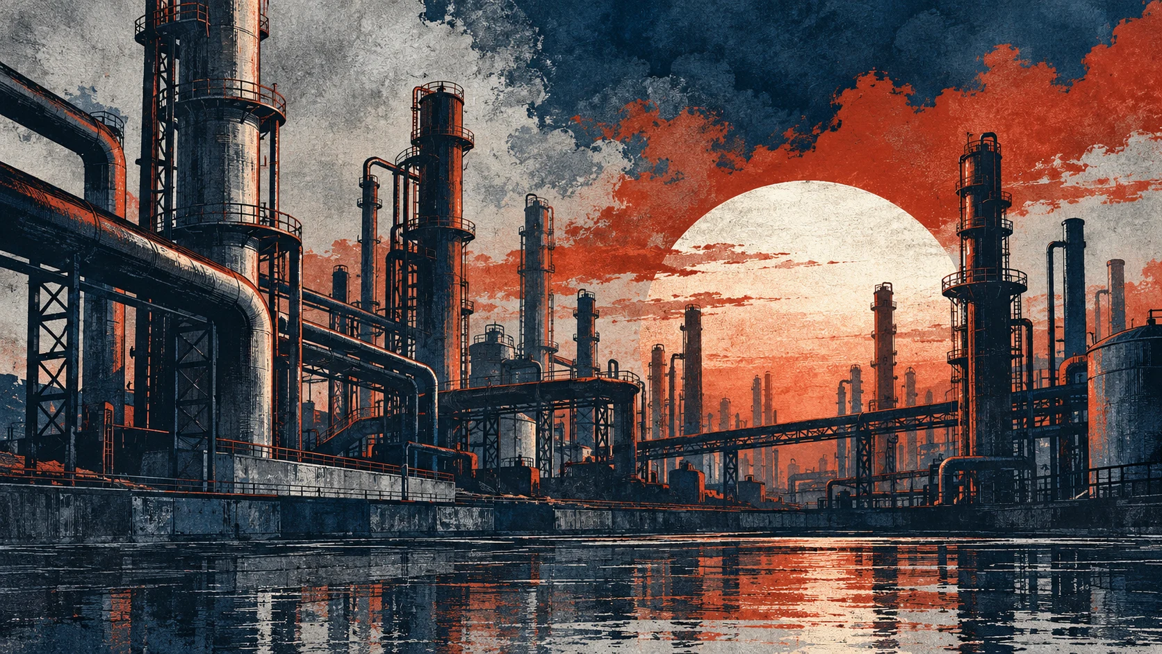 Ilustración IA: torres y tuberías imaginarias a contraluz sin reproducir refinería real ni emisiones de un hecho. Composición imaginaria, no documenta personas, datos, pruebas o hechos reales.