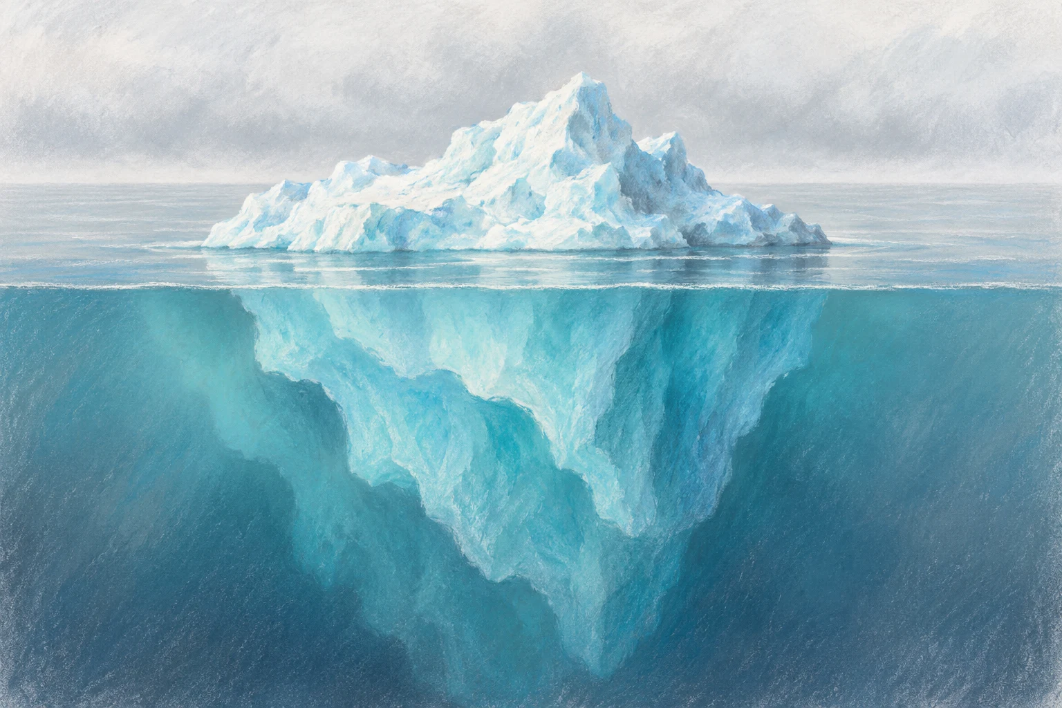 Ilustración IA al pastel: hielo imaginario con una parte sumergida visible en corte conceptual; no representa proporciones, volumen de órdenes ni un glaciar real.