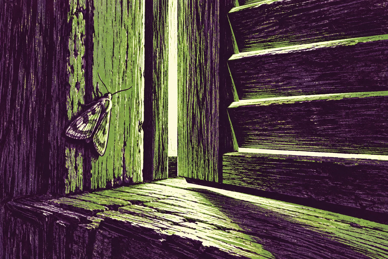 Ilustración IA en grabado violeta y lima: polilla ficticia junto a contraventana; metáfora de una ventana temporal, sin mercado ni hora real.