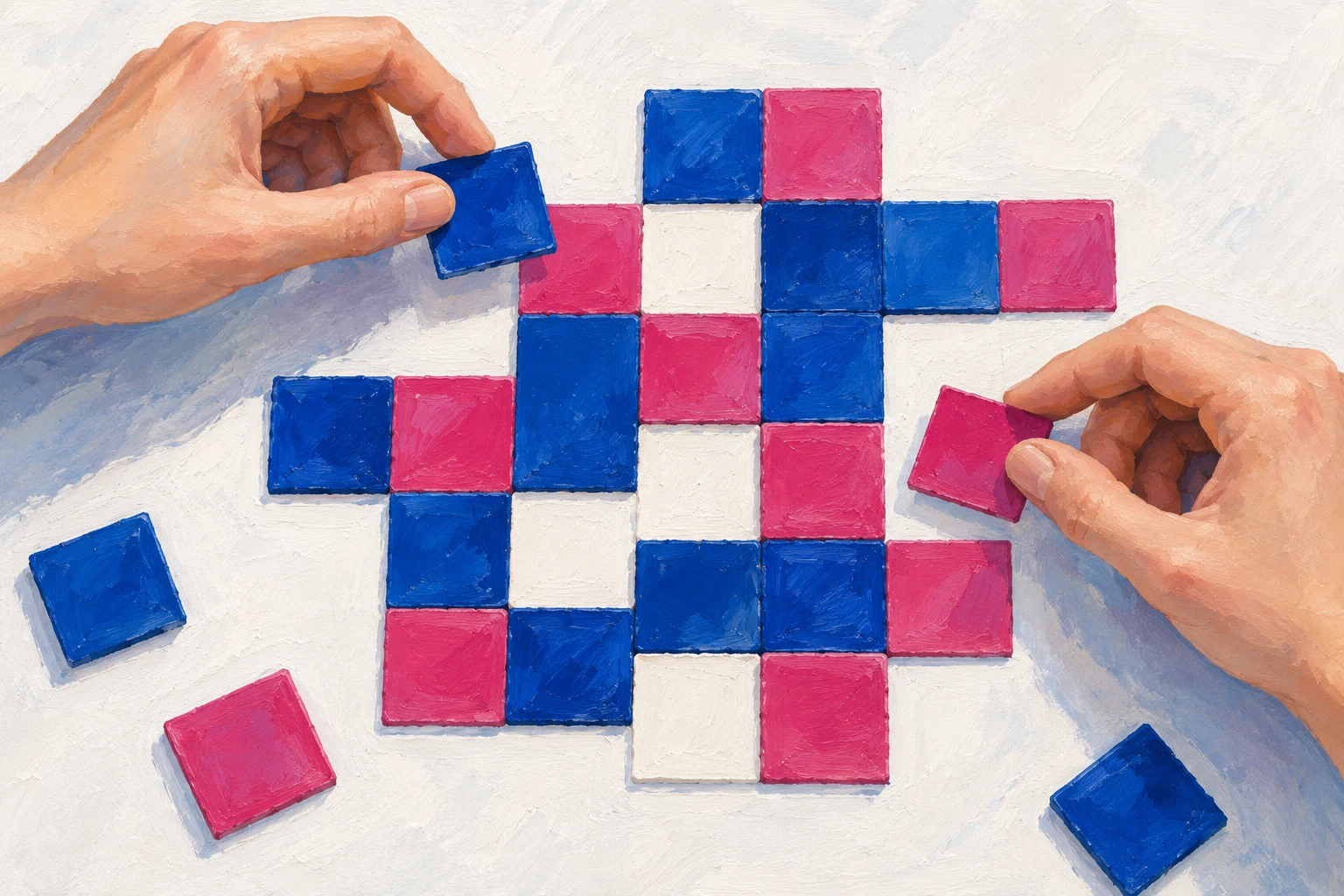 Ilustración IA en gouache: dos manos ficticias ensamblan un mosaico incompleto azul y rosa; no cartera ni transacción real.