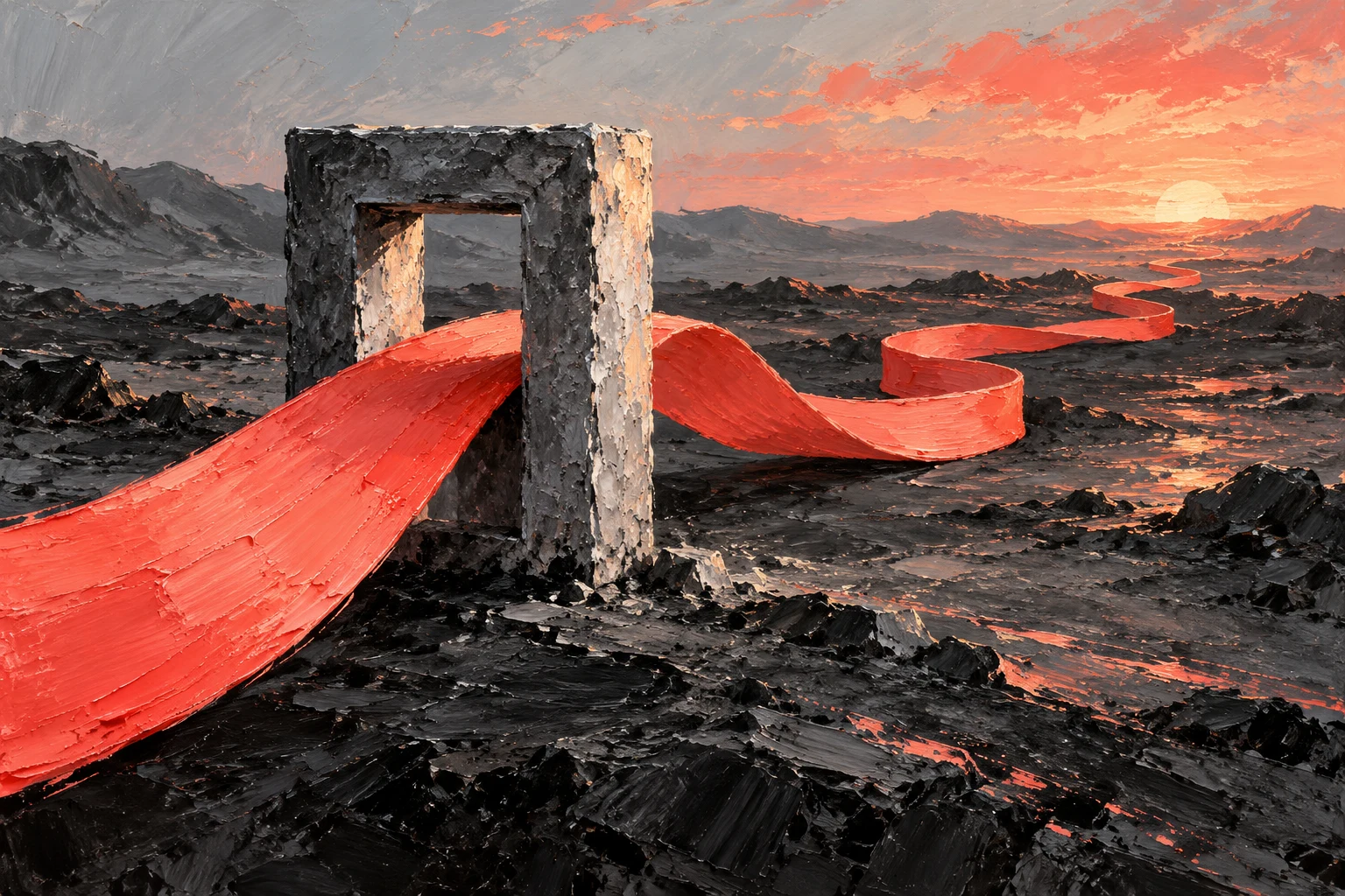 Cinta coral atraviesa un marco de piedra y continúa por un paisaje imaginario; pintura IA conceptual sin contrato, firma o plazo medido.