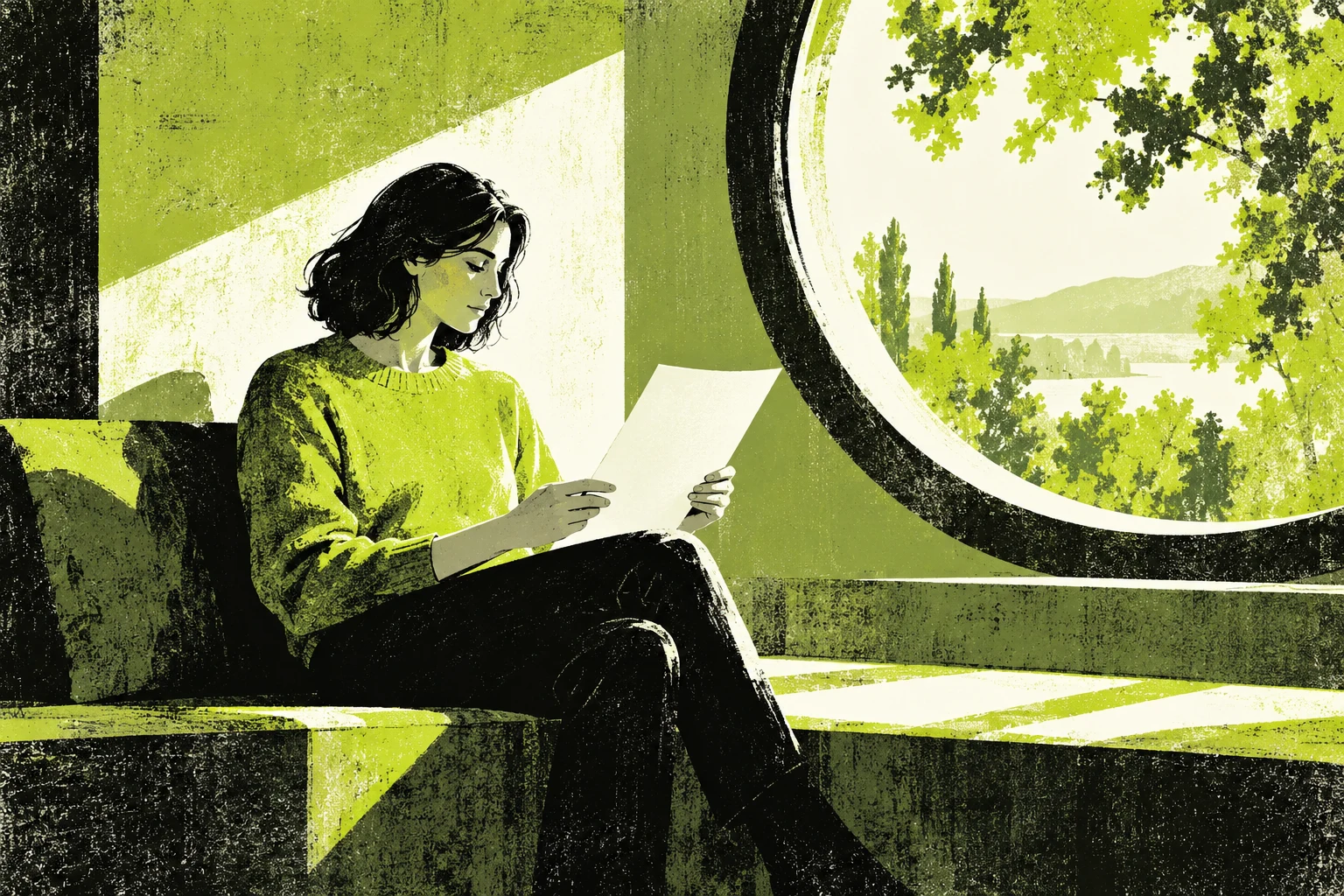 Persona adulta ficticia lee una hoja lisa junto a una ventana circular; monotipo IA, sin accionista, documento, empresa o entrevista reales.