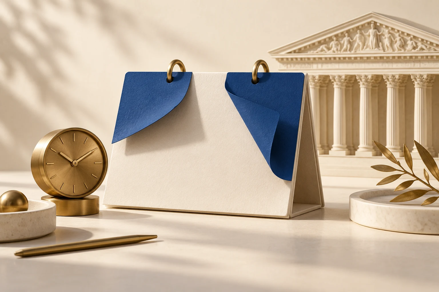 Calendario de sobremesa sin fechas y reloj junto a una maqueta conceptual de bolsa.