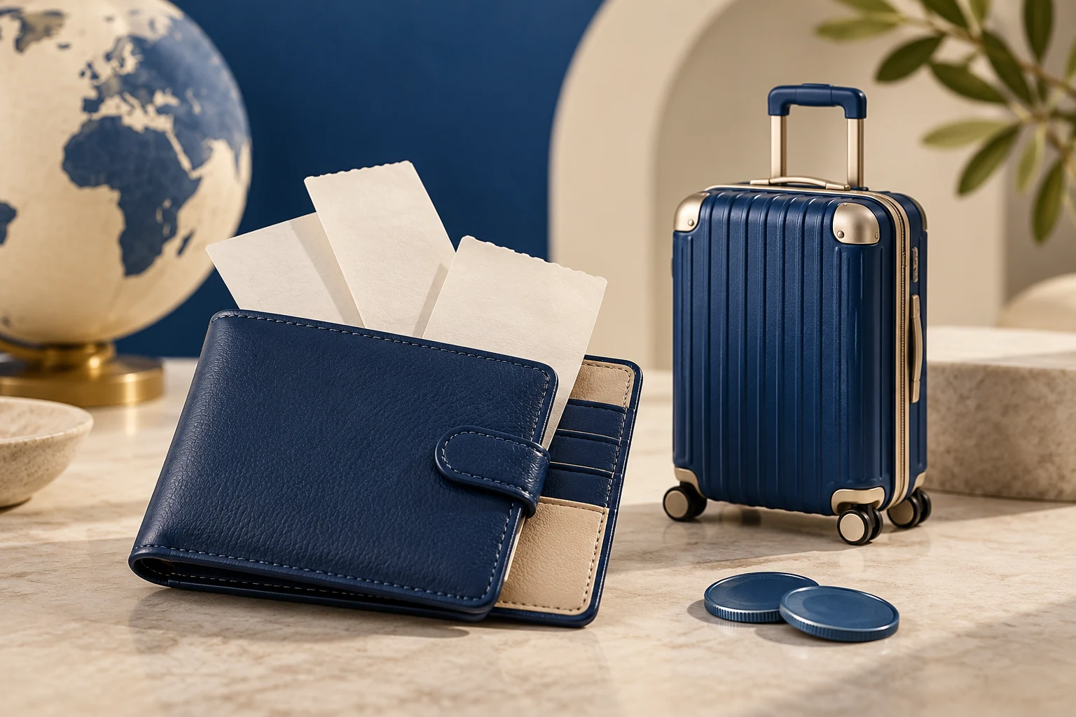 Cartera de viaje y recibos vacíos junto a fichas genéricas, sin condiciones comerciales reales.