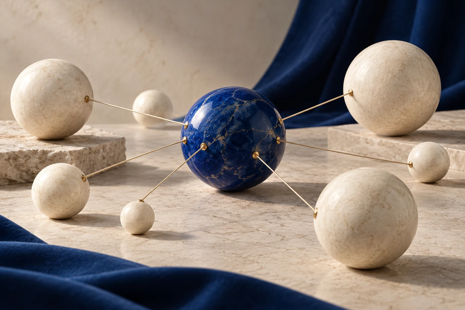 Esfera azul conectada a otras de diferente tamaño; cesta conceptual sin ponderaciones reales.