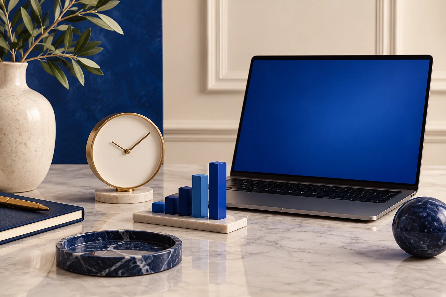 Reloj sin marcas y ordenador con pantalla vacía; las piezas azules son decorativas, sin datos medidos.