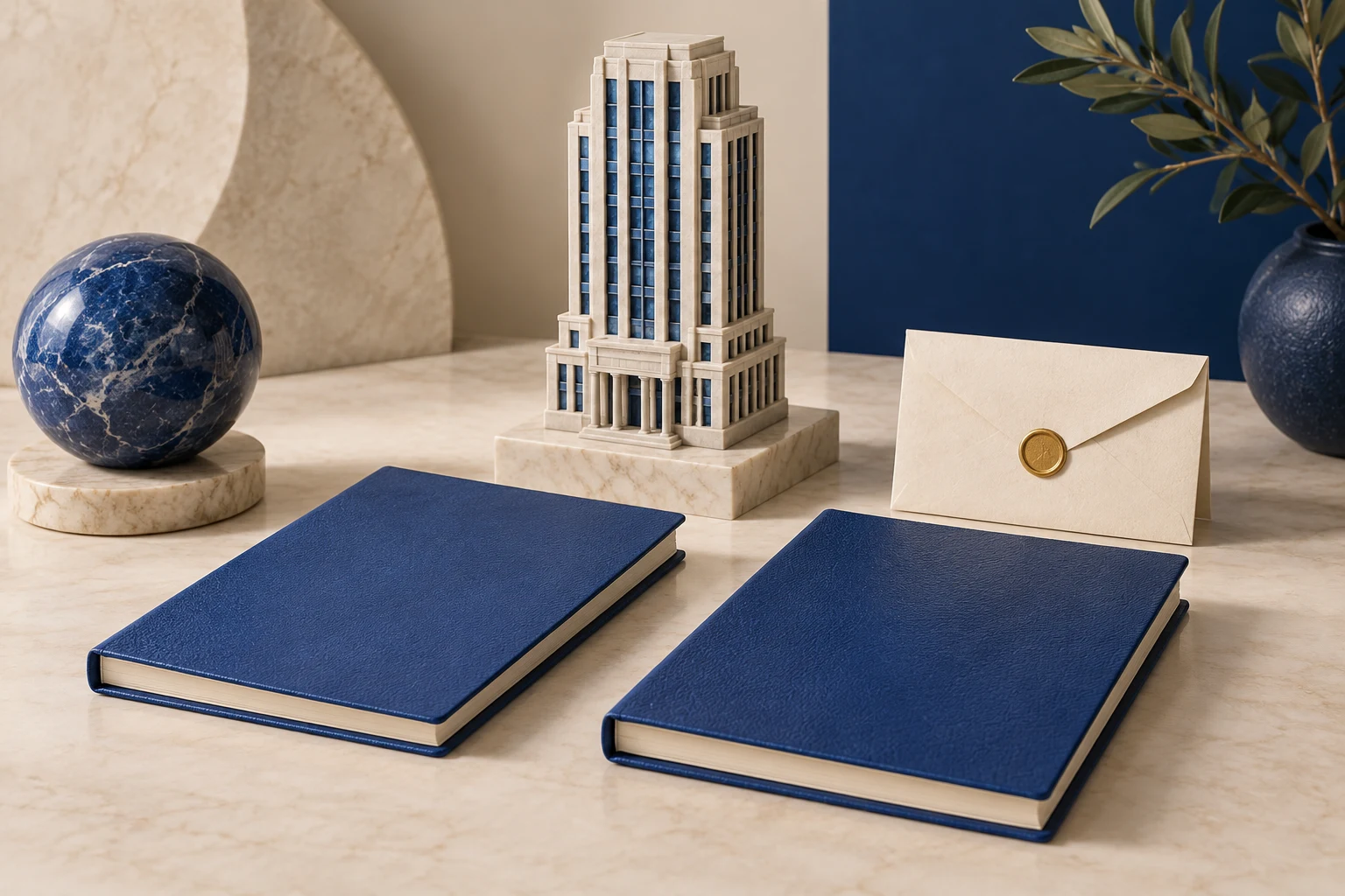 Dos libros de índices sin texto junto a una miniatura empresarial y un sobre conceptual.