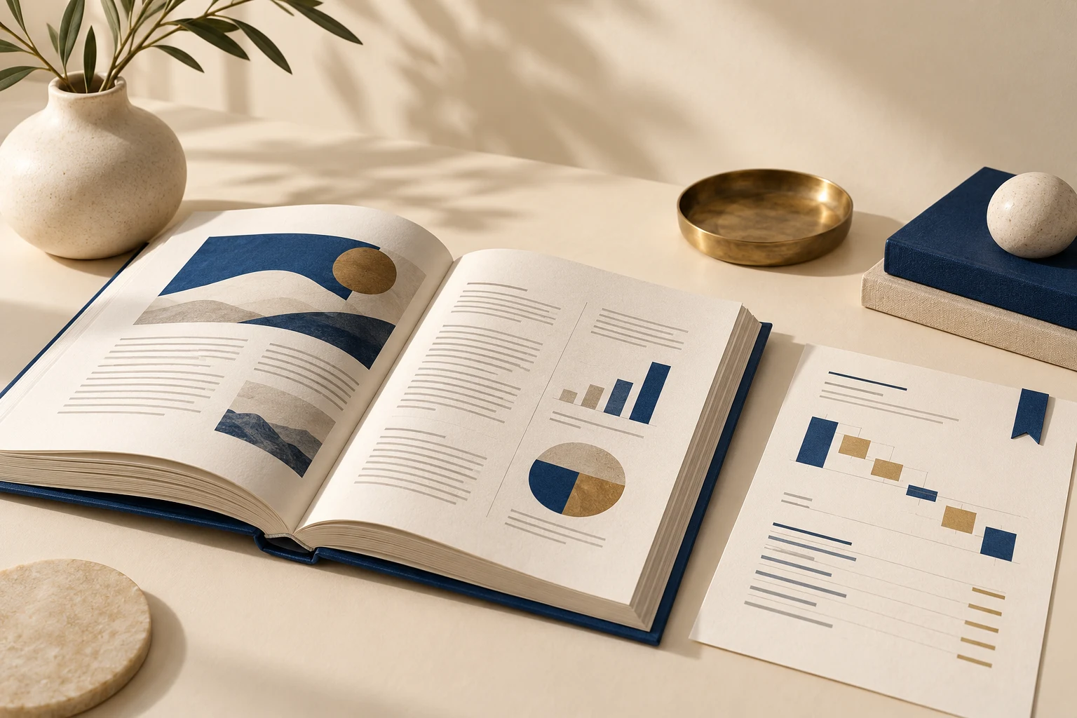 Informe anual y páginas con diagramas decorativos que no representan cuentas reales.