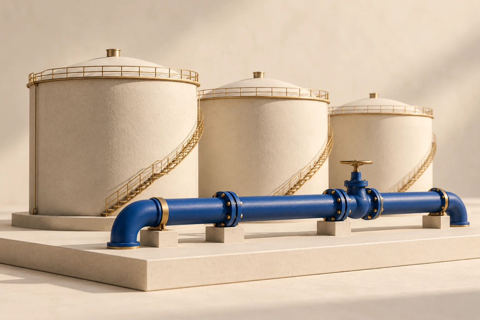 Maqueta conceptual de depósitos petrolíferos y tubería sin mediciones reales.