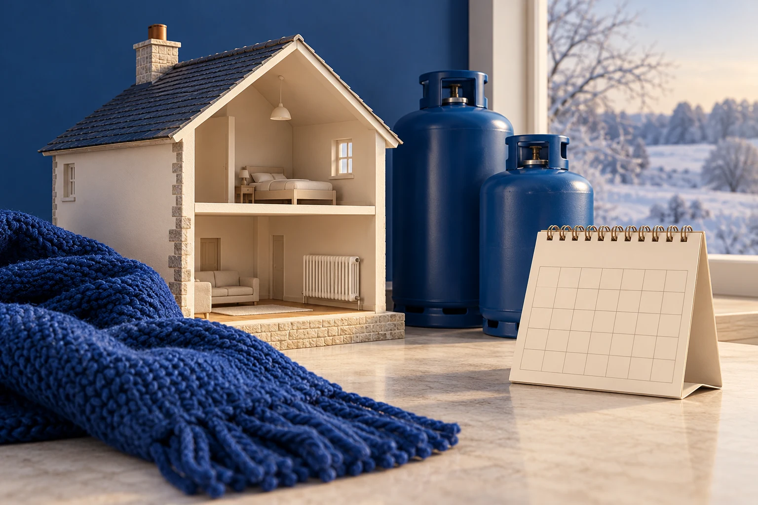 Maqueta de casa y recipientes energéticos genéricos con calendario sin cifras.