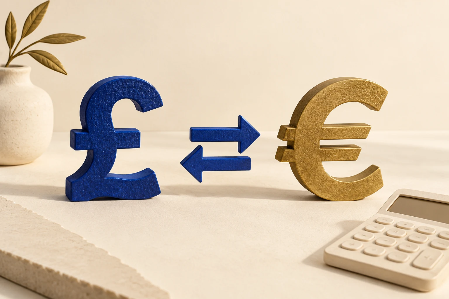 Símbolos de libra y euro con flechas opuestas, ilustración de dirección de conversión.